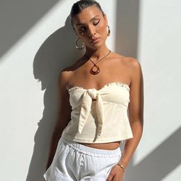 Women's Tanks BEELADAN Women's Strapless Ruched Tube Top Hollow Out Tie Up Ruffle Off Shoulder Bandeau Y2k Summer Sexy Fairy Streetwear