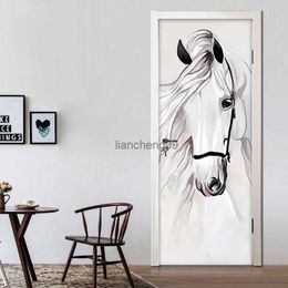 Self-adhesive 3D Door Stickers Hand Painted White Horse Abstract Art Wall Painting Bedroom Study Room Door Mural Wallpaper Decor L230620