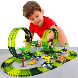 Animais de estimação eletrônicos Magic Escalada carro de dinossauro elétrico Pista Ferroviária Conjunto de carro de brinquedo Curva Pista de corrida flexível Carro com luz de flash Brinquedo de alta qualidade para crianças 230619