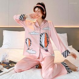 Women's Sleepwear Korean Style Ice Silk Pajamas Women's Spring And Autumn Long Sleeve Thin Cardigan Cute Girl's Plus Size Home