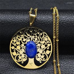Pendant Necklaces Boho Round Stainless Steel Lapis Lazuli Tree Of Life Charm Women Gold Color Necklace Jewelry Collier Inoxydable N11S05