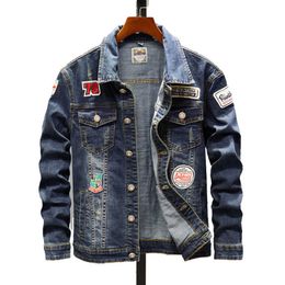 New Top Spring and Autumn Arms Badge Men's Blue Stone Mill Denim Jacket leather jackets brand Men styles jaqueta motorcycle