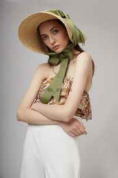 202203-green ribbon European model show style summer handmade straw wind brim leisure beach lady cap women sun hat L230620