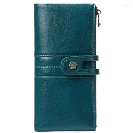 Wallets Women's Long Wallet 2023 Vintage Wind Oil Wax Cowhide Multi Functional Soft Double Zipper Card Bag