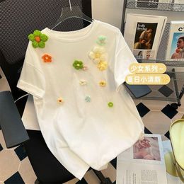 Women's T Shirts 2023 Korean Summer Women's Tops White Short Sleeve T-shirt Ins Fashion 3D Flower Design Loose Versatile Top Women