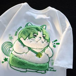 Womens TShirt Summer Little Fat Cat Plush Embroidered Tops Tees Women Y2K Street Retro Trend TShirts Couple Loose Large Size 230620