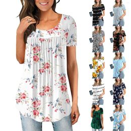 Women's T Shirts Women's Summer O Neck Pleated Print Short Womens Long Sleeve Fall Tops Cuffed Shirt Women Large Ladies Blouses