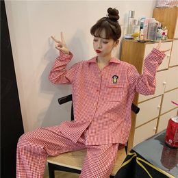 Women's Sleepwear Ladies Pajamas Set Plaid Cardigan Long Sleeve Two-piece Sweet And Cute Comfortable Homewear JJF0035