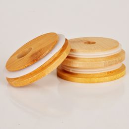 70mm Bamboo Cup Lids Drinking Cup Lid Silicones Sealing Wooden Storage Tank Covers Reusable Wooden Mason Jar Lid with Straw Hole and Silicone Silicone Straw Valve