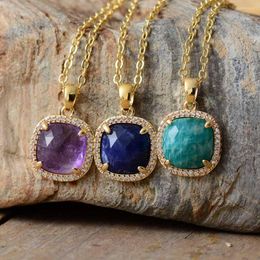 Pendant Necklaces Luxe Gold Plated Square Amethysts Amazonite Women Necklace Chokers Zircon Chain Designer Jewelry Femme Bijoux