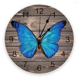 Wall Clocks Vintage Wooden Texture Blue Butterfly Modern Clock For Home Office Decoration Living Room Bathroom Decor Hanging Watch