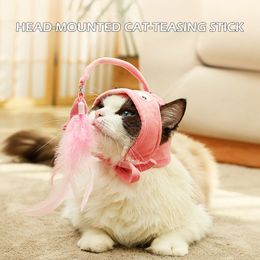 Cat Feather Toy Hat Interactive Cat Stick Toy Fishing Headdress Hat Feather Tease Kitten Cat Head Covers Self-playing Pet Supple