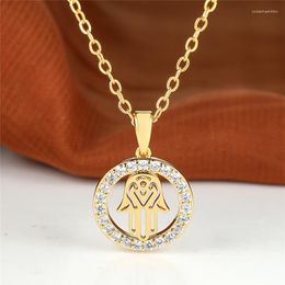 Pendant Necklaces White Zircon Full Stone Round Necklace Vintage Hollow Palm Boho 18K Gold Colour Chain For Women Trendy