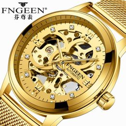 Wristwatches FNGEEN Gold Automatic Watch Men Stainless Steel Strap Skeleton Mechanical Watches Top Luminous Hour For Reloj