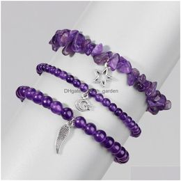 Beaded Fashion Natural Stone Chakras Elastic Bracelet Womens Simple Star Wing Pendant Set Combination Drop Delivery 202 Dhfew