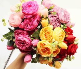 Dried Flowers Hot Cheap 30cm Rose Pink Silk Peony Artificial Bouquet Big Heads and 4 Fake for Family Wedding Decoration Indoor