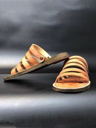Handmade Mens Vintage Cowhide Genuine Leather Gladiator Slippers Plus Size 45 46 Open Toe Beach Shoes Summer Outside Men Slides