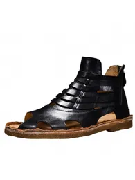 Summer Mens High Top Weave Hollow Out Gladiator Zipper High Quality Cowhide Genuine Leather Sandals Vintage Casual Outside Shoes