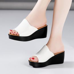 Slippers Small Size 32-43 Women's Outside Beach Office Mother Shoes Platform Wedges 2023 Summer Med Heels Slides Soft Leather