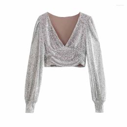 Women's Blouses Women Sexy Deep V Neck Short Sequined Smock Blouse Lady Chic Pleats Puff Sleeve Party Wear Crop Shirts Fashion Tops