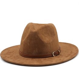 Suede Fedora Hats Western Cowboy Hat Visor Cap Women Men Brown Copper Buckle Belt Jazz Felt Cap Wide Brim Sun Protection Hat