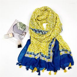 Scarves 2023 Spain Fashion Women Viscose Scarf Lovely Yellow Floral Tassel Hijab Shawls And Wraps Female Foulards Echarpe Muslim Sjaal