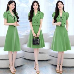 Work Dresses Women's Korean Style Short Coat A-Line Skirt 2023 Summer Fashion 2 Pieces Suits Sleeve Ladies Doulbe Buttons Outwear Set