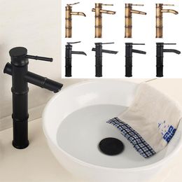 Bathroom Sink Faucets Black Brass Waterfall Faucet Vessel Tall Bamboo Water Tap Retro Single Hole Basin