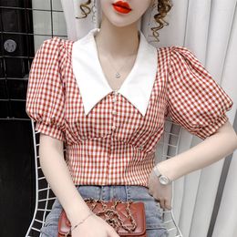 Women's Blouses #7255 Red Yelllow Black Plaid Blouse Women Turn-down Collar Sexy Short Female Slim Pearls High Waisted Tops And
