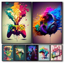 Colourful Punk Canvas Painting Neon Gamer Controller Art Picture Cool Gaming Wall Art Picture For Living Room Home Decor Room Decorative Painting Cuadro w01