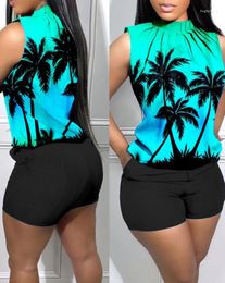 Women's Tracksuits 2023 Summer Casual Women's Two Piece Set Stylish And Coconut Tree Print Ruched Tank Top&pocket Design Shorts