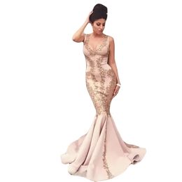 Gorgeous Mermaid Long Evening Dresses Gold Lace Applique Prom Dresses Saudi Arabic Elegant Style Party Gowns