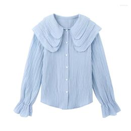 Women's Blouses Chiffon Blouse Women's Blue LongSleeve Tops Spring 2023 Korean Fashion Shirt Solid Color Niche Loose Women Plus Sizes