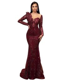 Gorgeous Burgundy Beaded Evening Dresses Mermaid Sheer Neck Prom Dress Long Sleeves Formal Party Second Reception Gowns Arabic