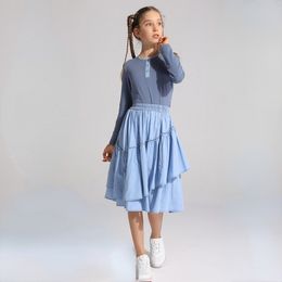 Skirts Girls Teen Kids Midi Ruffles Denim Skirt Cotton Summer Jersey Top Patchwork Denim Neck Mommy and Daughter Clothes #7011 230619