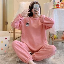 Women's Sleepwear Winter Women's Pajamas Flannel M-XXL Round Neck Pullover Cartoon Coral Fleece Thickened 2-piece Home Clothes