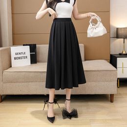 Skirts Pleated Women Summer 2023 Korean High Waist Slim A-line Skirt Fat Mm Mid Length Black