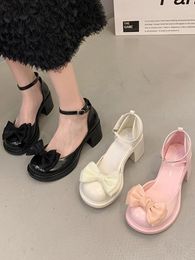 Sandals Bow Shoes Female Sandal Block Heels Buckle Strap 2023 Summer Comfort Girls Chunky High Beige Spring Clear Basic Butterfly-kn