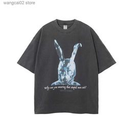Men's T-Shirts Rock Band Print Gothic T-Shirt Anime Animals Rabbit 3D Printing Tee Men Ghost Vintage Distress Washed Cotton Oversize Tops T230621