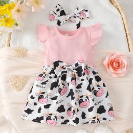 Girl's Dresses 0-3Y Toddler Summer Beach Sundress For Girls Fly Sleeve Cow Prints Ribbed Patchwork Party Dresses Headband Baby Clothes 3 Colour AA230531