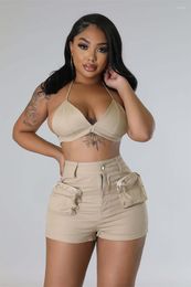 Women's Tracksuits Znaiml Sexy Summer Bra Crop Top And Pockets Cargo Shorts 2 Piece Sets For Women Beach Party Club Outfit In Tracksuit