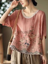Women's Blouses Shirts Cotton Linen Embroidered Floral Blouses Women's Chinese Classic Loose Shirt Top Casual Retro O Neck Short Sleeve Summer Shirts J230621