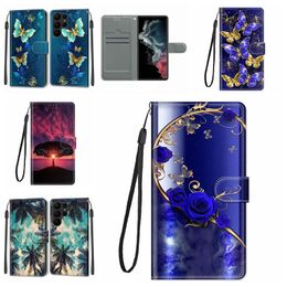 Rose Butterfly PU Leather Wallet Cases For Samsung S23 Ultra S22 Plus S21 FE M14 M54 A53 A34 A33 A32 4G 5G Scenery Sunrise Credit ID Card Slot Flip Cover Holder Pouch