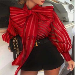 Women's Blouses Shirts Europe Spring Womens Red Striped Organza Blouses Sexy Perspective Lace-up Bow Mesh Blusas Tops Lantern Sleeve Black Femme Shirt J230621