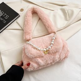 Evening Bags Fashion Pearls Chains Fluffy Women Shoulder Soft Plush Lady Handbags Cute Faux Fur Small Tote Bag Warm Winter Purses 2023