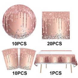 Disposable Take Out Containers Pink Rose Gold Party Decoration Set Tableware Paper Cups Plates Napkins Tablecloth for Girls Birthday Supplies 230620