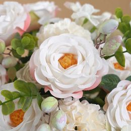 Dried Flowers Mixed Artificial European Silk Rose Camellia Dew Lotus Bouquet Bridal Handheld Home Wedding Party Deco