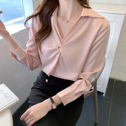 Women's Blouses Girls Pink Satin Shirt Women Elegant Streetwear Blouse Smooth Long Sleeve Turndown Collar Ladies Tops Large Size Xxl