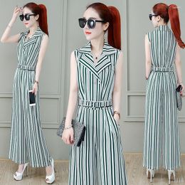Women's Two Piece Pants 2023 Women's Summer Fashion Casual Suits Female Striped Sleeveless Crop Top And Wide Leg Ladies Set Y100