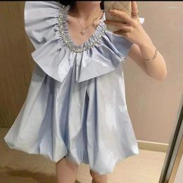 Women's Blouses Korean V Neck Diamonds Beading Blouse Women Summer Sleeveless White Blue Shirt Vintage Elegant Cute Tops